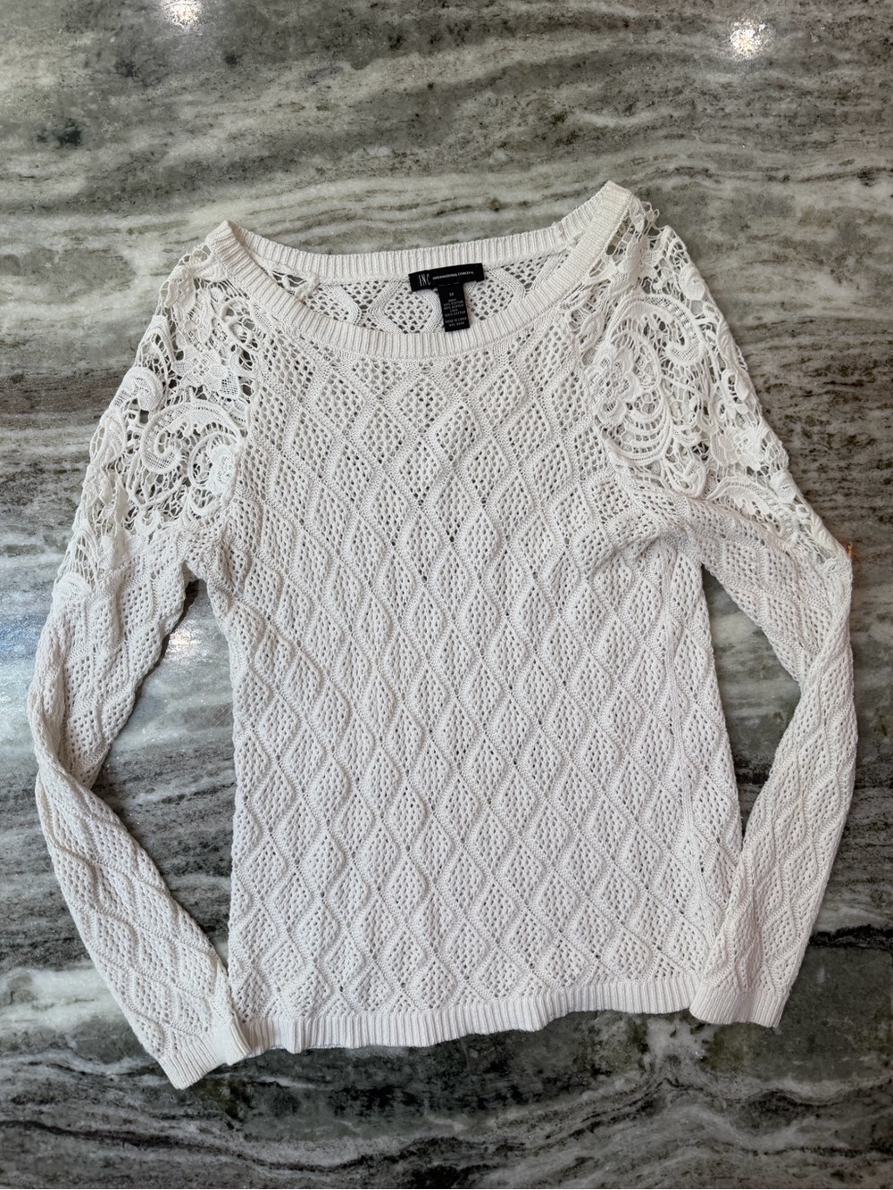 INC International Concepts Cream Cable Knit Sweater with Lace Shoulder Insets